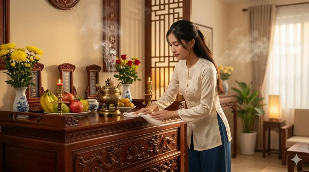 Cúng khói khi lau dọn ban thờ