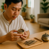 Người dùng kiểm tra trầm hương trong không gian sáng, gọn gàng và thông thoáng