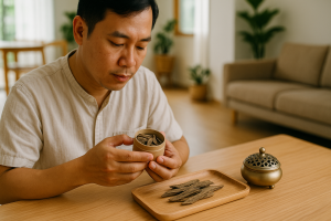 Người dùng kiểm tra trầm hương trong không gian sáng, gọn gàng và thông thoáng