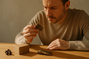 Người đang xem và lựa chọn sản phẩm trầm hương trên bàn gỗ