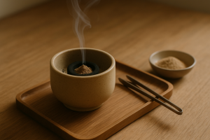 Lò gốm đặt than không khói đang tỏa hương nhẹ để cúng khói